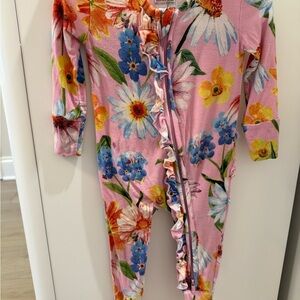 Posh Peanut Pink Floral Ruffle Zip Romper